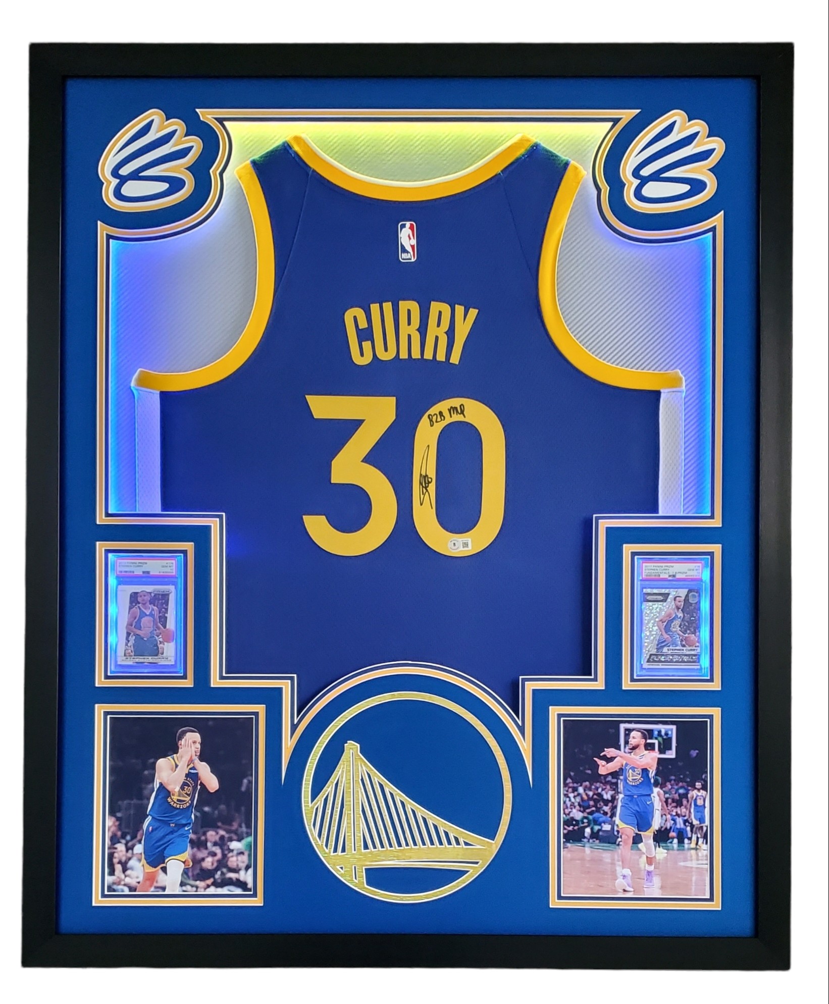 Steph Curry Signed Custom Framed LED Backlit Jersey Display Inscribed "B2B MVP" with 2013-14 Panini Prizm #176 (PSA 10) & 2017-18 Panini Prizm Fundamentals Prizms Fast Break #16 (PSA 10) (Beckett) at PristineAuction.com Steph Curry Signed Custom Framed LED Backlit Jersey Display Inscribed "B2B MVP" with 2013-14 Panini Prizm #176 (PSA 10) & 2017-18 Panini Prizm Fundamentals Prizms Fast Break #16 (PSA 10) (Beckett) at PristineAuction.com