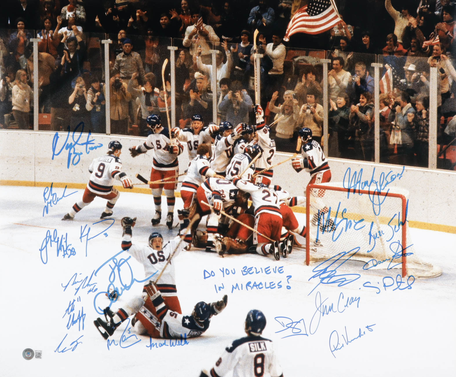 1980 Team USA "Miracle on Ice" 20x24 Photo Team-Signed by (19) with Jim Craig, Mike Eruzione, Dave Silk, Ken Morrow Inscribed "Do You Believe In Miracles" (Beckett) at PristineAuction.com 1980 Team USA "Miracle on Ice" 20x24 Photo Team-Signed by (19) with Jim Craig, Mike Eruzione, Dave Silk, Ken Morrow Inscribed "Do You Believe In Miracles" (Beckett) at PristineAuction.com