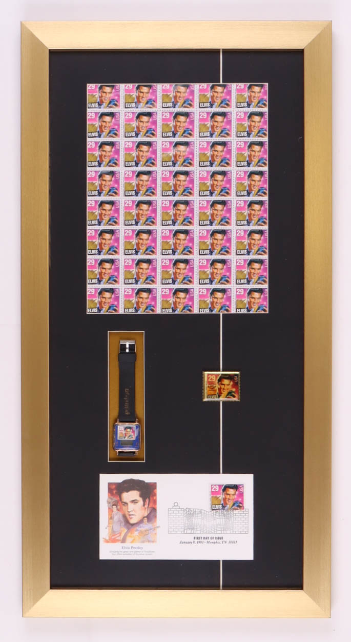 Elvis Presley Custom Framed FDC Envelope with Uncut U.S. Postage Stamp Sheet, Metal Stamp Pin & Original Stamp Release Watch at PristineAuction.com Elvis Presley Custom Framed FDC Envelope with Uncut U.S. Postage Stamp Sheet, Metal Stamp Pin & Original Stamp Release Watch at PristineAuction.com