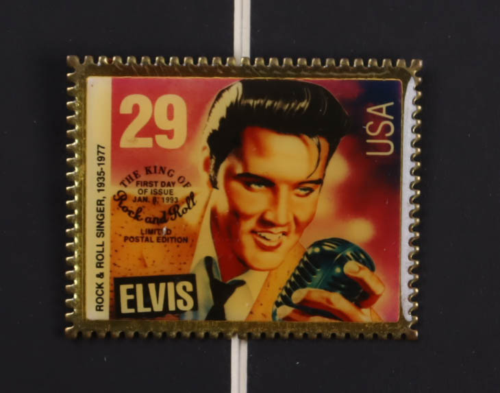 Elvis Presley Custom Framed FDC Envelope with Uncut U.S. Postage Stamp Sheet, Metal Stamp Pin & Original Stamp Release Watch at PristineAuction.com Elvis Presley Custom Framed FDC Envelope with Uncut U.S. Postage Stamp Sheet, Metal Stamp Pin & Original Stamp Release Watch at PristineAuction.com