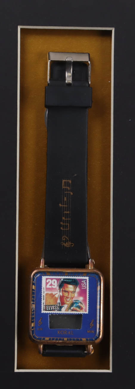 Elvis Presley Custom Framed FDC Envelope with Uncut U.S. Postage Stamp Sheet, Metal Stamp Pin & Original Stamp Release Watch at PristineAuction.com Elvis Presley Custom Framed FDC Envelope with Uncut U.S. Postage Stamp Sheet, Metal Stamp Pin & Original Stamp Release Watch at PristineAuction.com