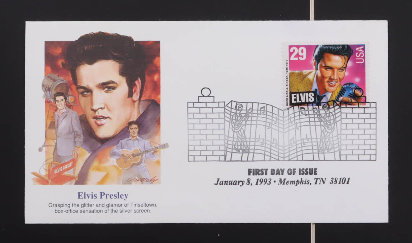 Elvis Presley Custom Framed FDC Envelope with Uncut U.S. Postage Stamp Sheet, Metal Stamp Pin & Original Stamp Release Watch at PristineAuction.com Elvis Presley Custom Framed FDC Envelope with Uncut U.S. Postage Stamp Sheet, Metal Stamp Pin & Original Stamp Release Watch at PristineAuction.com