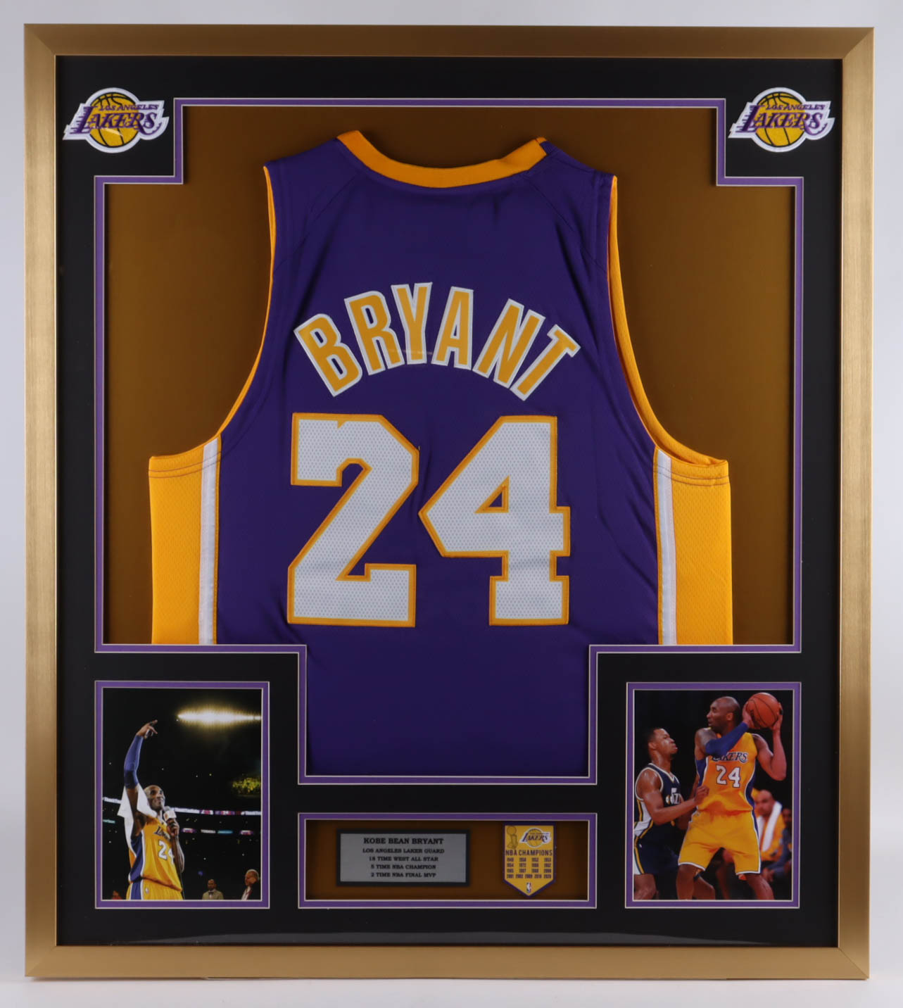 Kobe Bryant Lakers 32x36 Custom Framed Jersey Display with Lakers Mini Metal Championship Banner at PristineAuction.com Kobe Bryant Lakers 32x36 Custom Framed Jersey Display with Lakers Mini Metal Championship Banner at PristineAuction.com