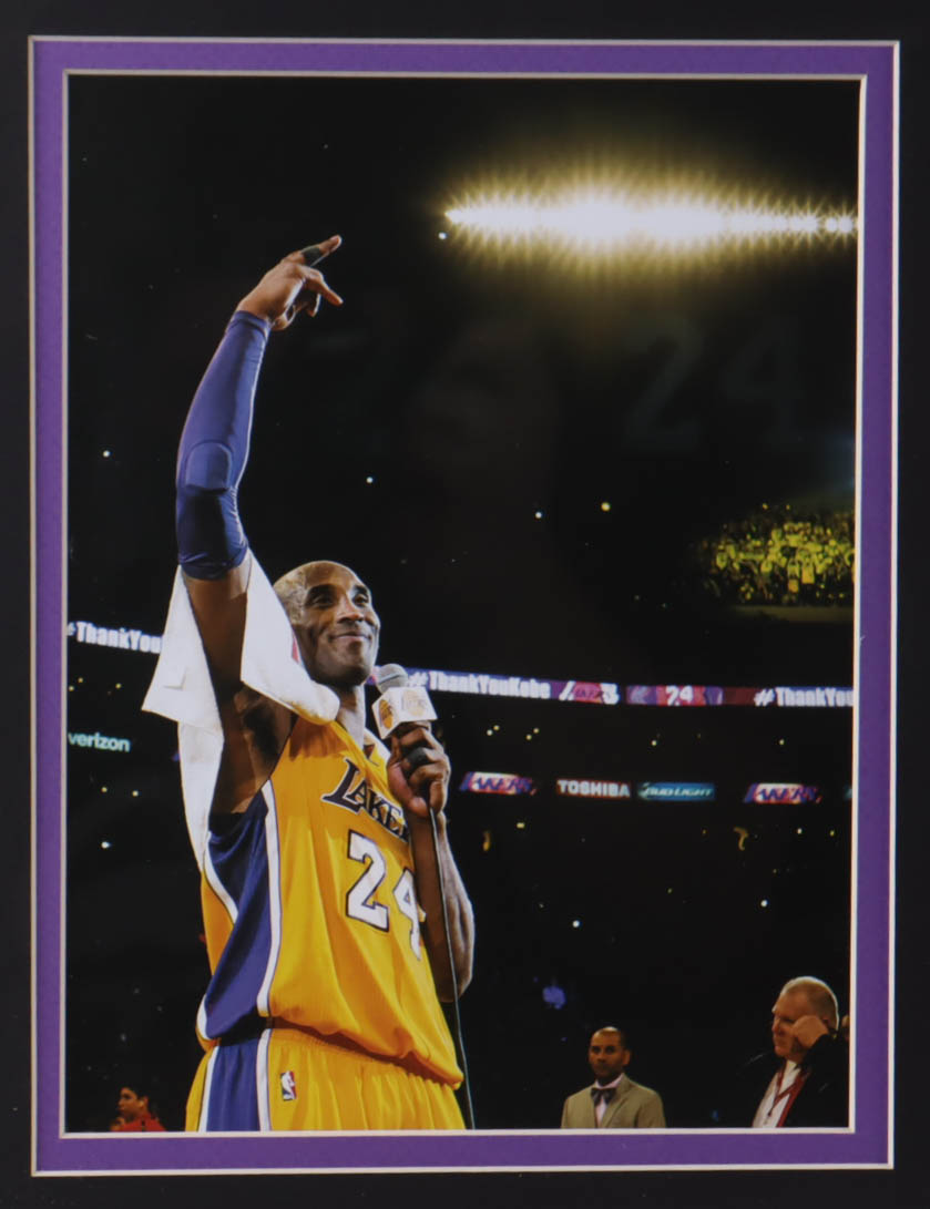 Kobe Bryant Lakers 32x36 Custom Framed Jersey Display with Lakers Mini Metal Championship Banner at PristineAuction.com Kobe Bryant Lakers 32x36 Custom Framed Jersey Display with Lakers Mini Metal Championship Banner at PristineAuction.com
