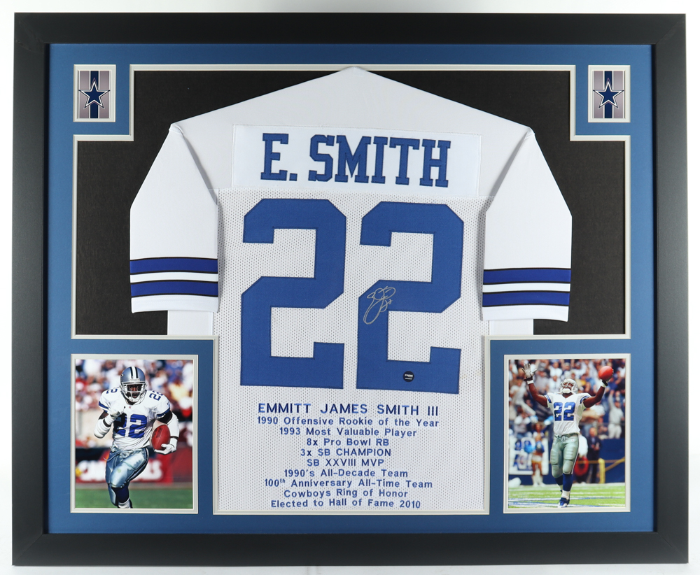 Emmitt Smith Signed Custom Framed Career Highlight Stat Jersey Display (Prova) at PristineAuction.com Emmitt Smith Signed Custom Framed Career Highlight Stat Jersey Display (Prova) at PristineAuction.com