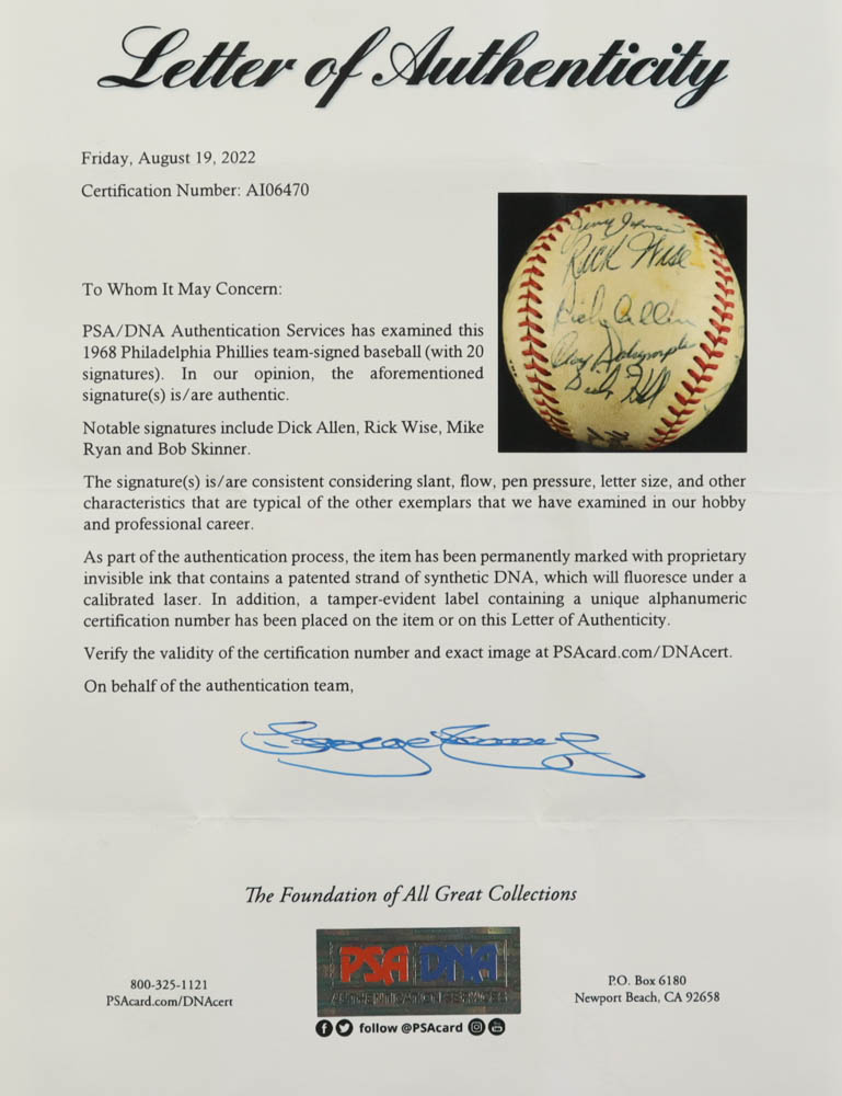 1968 Phillies ONL Baseball Singed By (20) with Dick Allen, Rick Wise, Mike Ryan, Bob Skinner with Display Case (PSA) at PristineAuction.com 1968 Phillies ONL Baseball Singed By (20) with Dick Allen, Rick Wise, Mike Ryan, Bob Skinner with Display Case (PSA) at PristineAuction.com