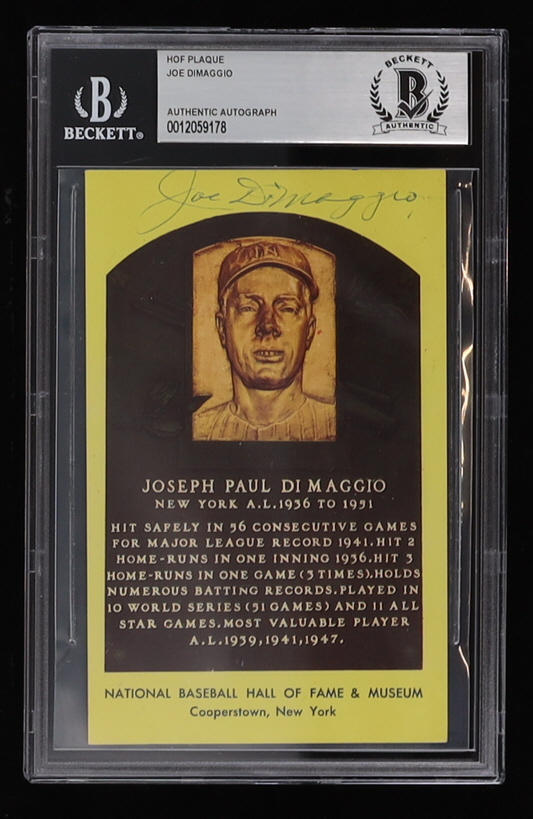 Joe Dimaggio Signed Hall of Fame Plaque Postcard (Beckett) at PristineAuction.com Joe Dimaggio Signed Hall of Fame Plaque Postcard (Beckett) at PristineAuction.com