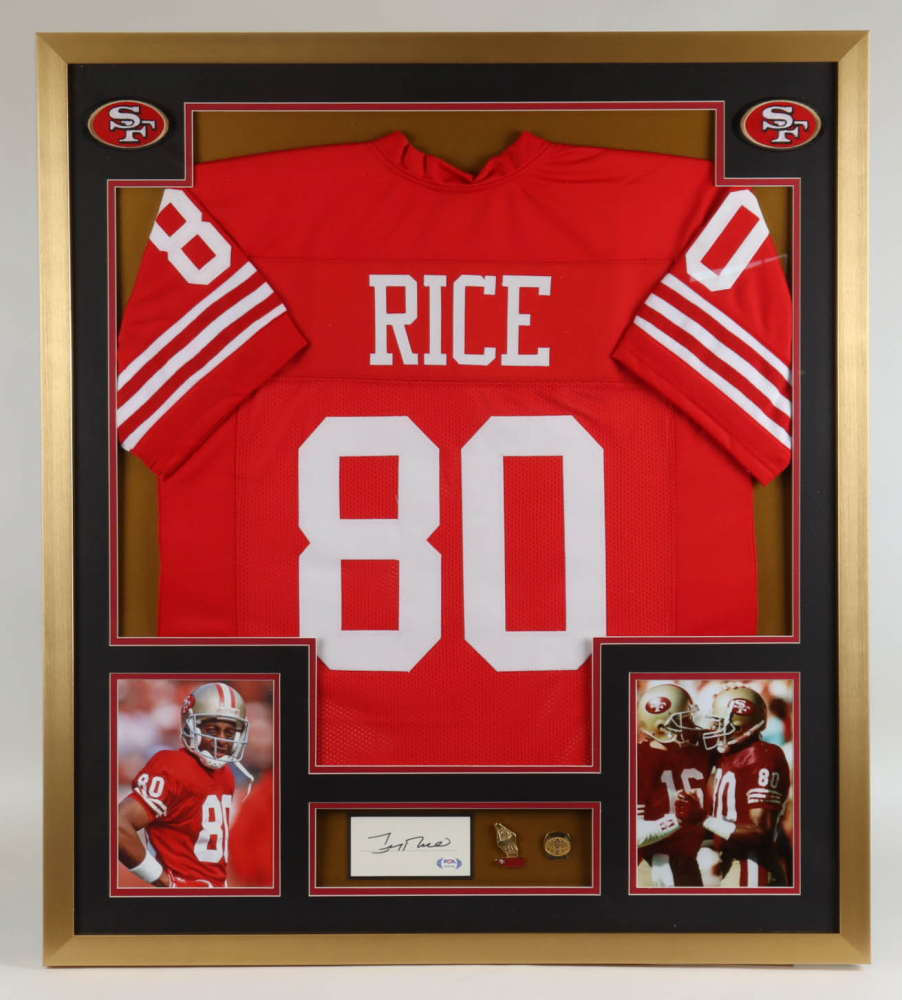 Jerry Rice Signed 49ers Custom Framed Cut Display with Jersey & Pins ...