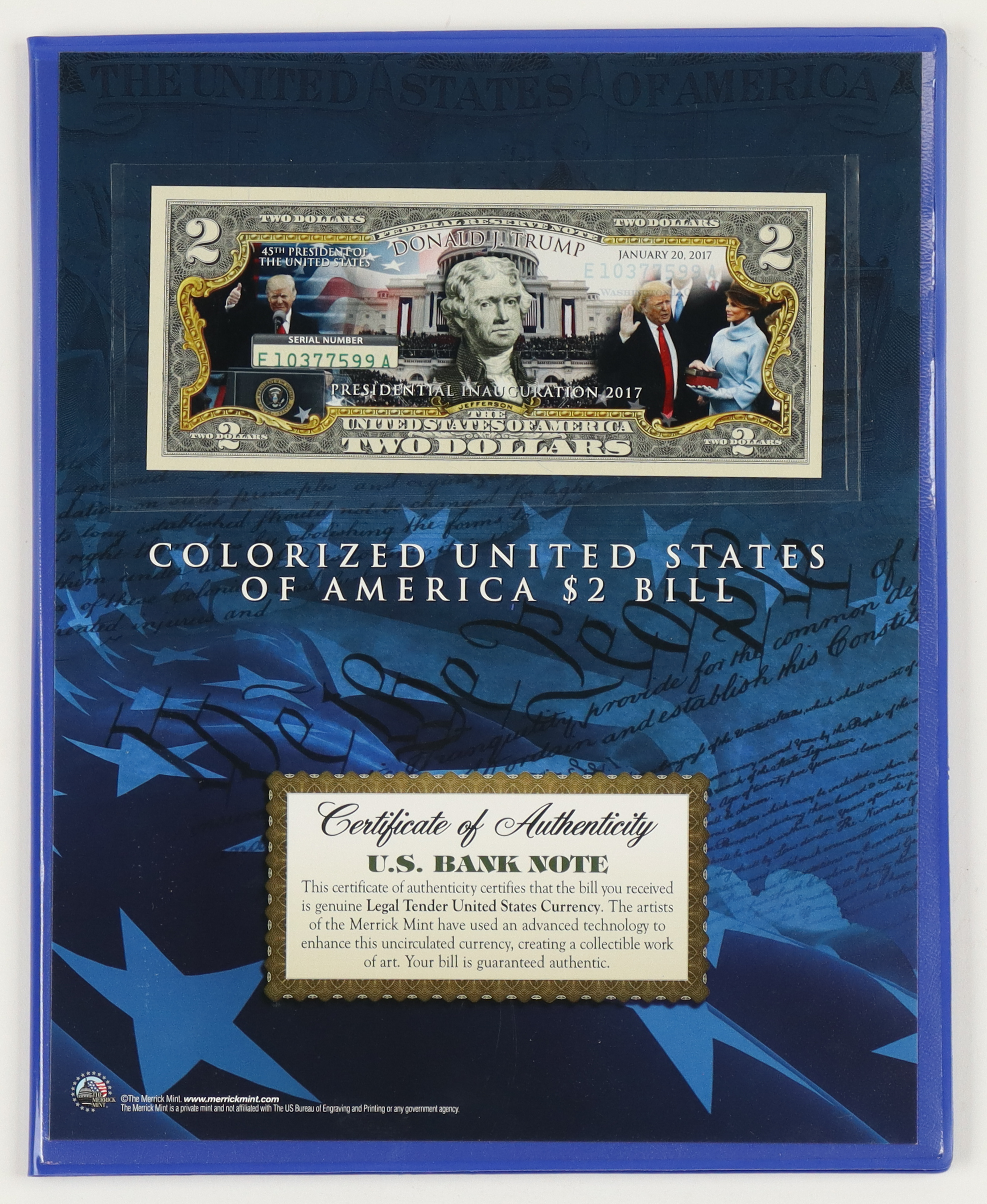Donald Trump Genuine Legal Tender Colorized U.S. $2.00 Two Dollar Bill Commemorative Edition Bank Note with Folder at PristineAuction.com Donald Trump Genuine Legal Tender Colorized U.S. $2.00 Two Dollar Bill Commemorative Edition Bank Note with Folder at PristineAuction.com