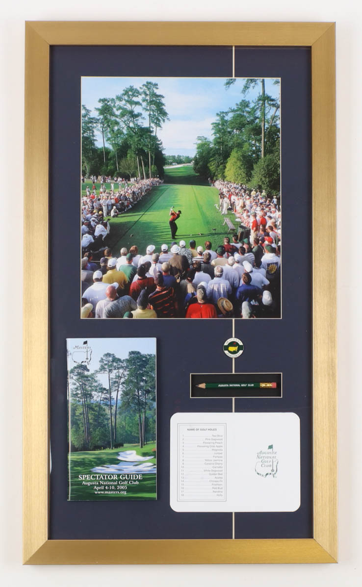 Custom Framed 2005 "Tiger Woods at the Masters" Official Masters Spectator Guide, Pin, Score Card & Pencil at PristineAuction.com Custom Framed 2005 "Tiger Woods at the Masters" Official Masters Spectator Guide, Pin, Score Card & Pencil at PristineAuction.com