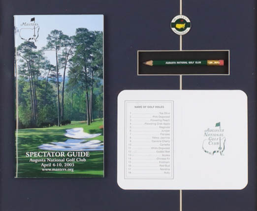 Custom Framed 2005 "Tiger Woods at the Masters" Official Masters Spectator Guide, Pin, Score Card & Pencil at PristineAuction.com Custom Framed 2005 "Tiger Woods at the Masters" Official Masters Spectator Guide, Pin, Score Card & Pencil at PristineAuction.com