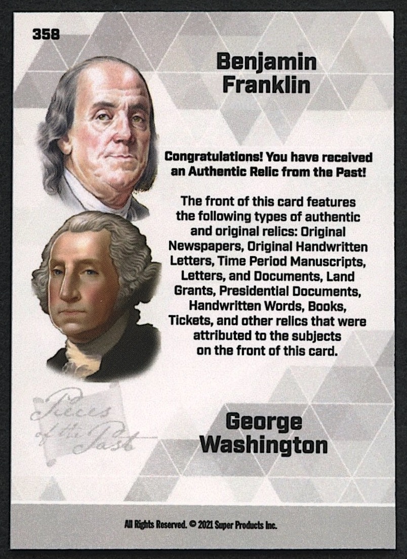 Benjamin Franklin / George Washington 2022 Pieces of the Past Authentic Dual Relic at PristineAuction.com Benjamin Franklin / George Washington 2022 Pieces of the Past Authentic Dual Relic at PristineAuction.com