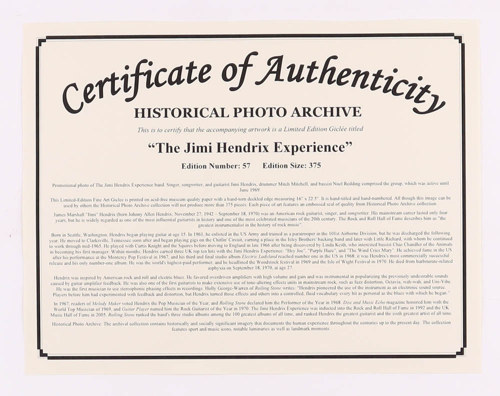 Historical Photo Archive - “The Jimi Hendrix Experience” Limited Edition 16.5x22 Fine Art Giclee on Paper #57/375 at PristineAuction.com Historical Photo Archive - “The Jimi Hendrix Experience” Limited Edition 16.5x22 Fine Art Giclee on Paper #57/375 at PristineAuction.com