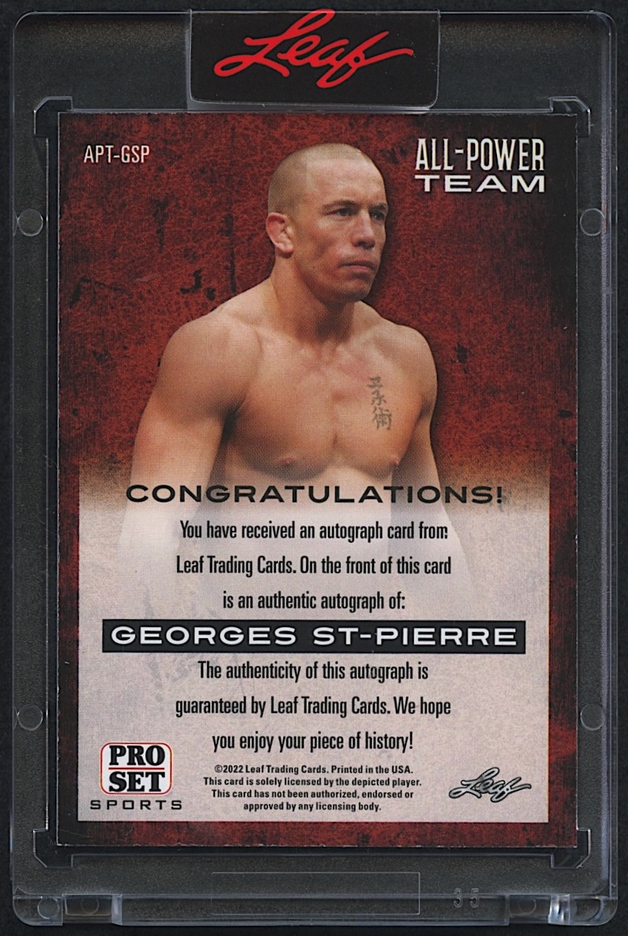 Georges St-Pierre 2022 Leaf Pro Set #APT-GSP 'All Power Team' Autograph at PristineAuction.com Georges St-Pierre 2022 Leaf Pro Set #APT-GSP 'All Power Team' Autograph at PristineAuction.com