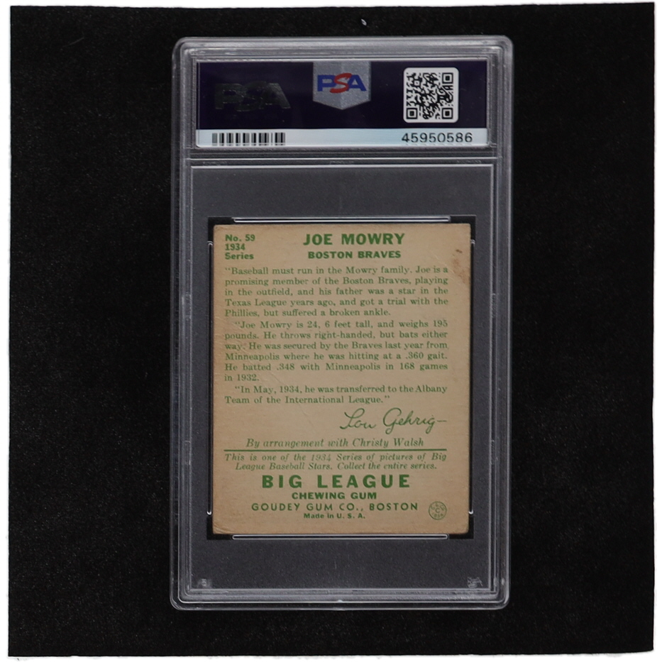 Joe Mowry 1934 Goudey #59 RC (PSA 2) at PristineAuction.com Joe Mowry 1934 Goudey #59 RC (PSA 2) at PristineAuction.com