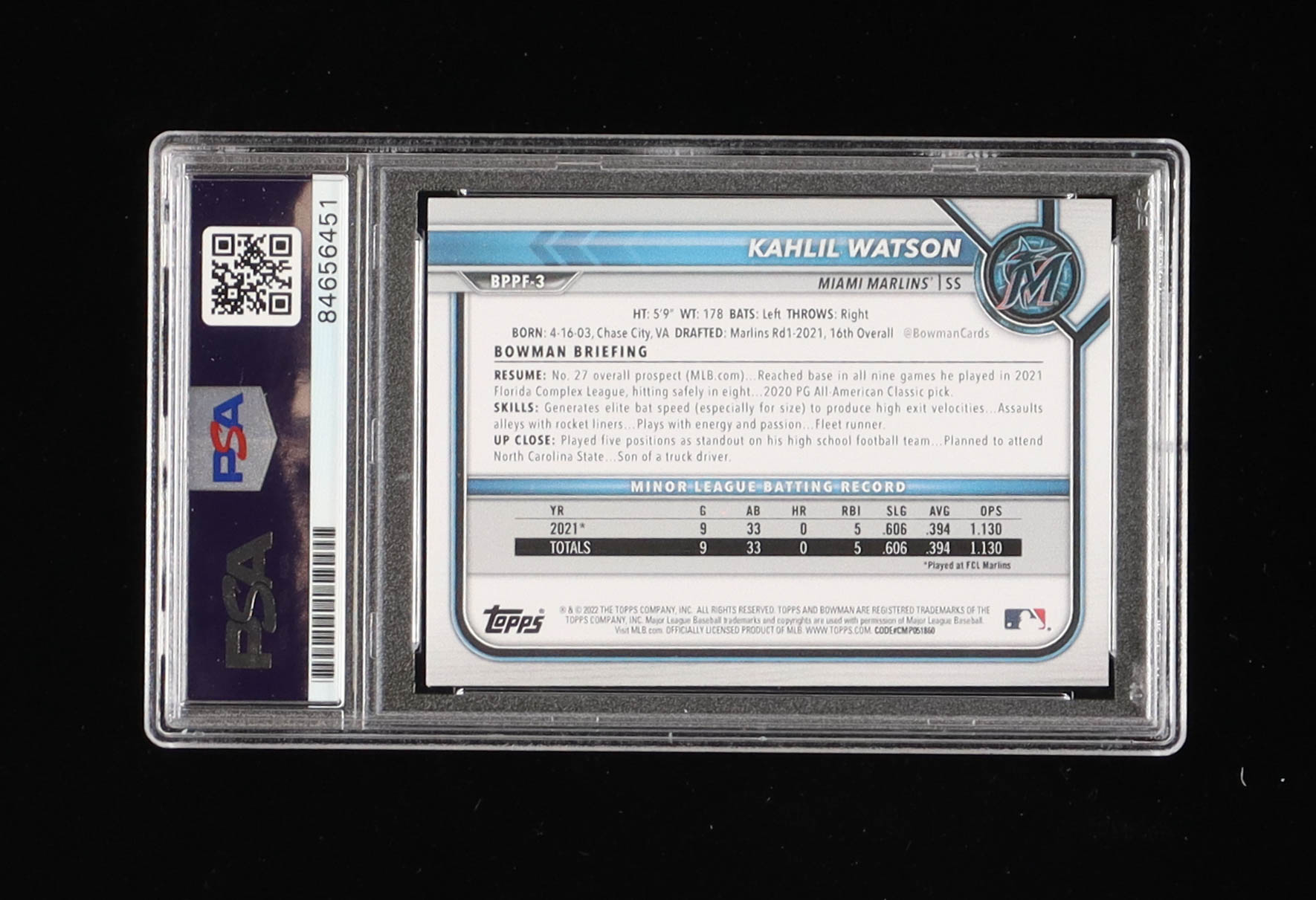 Kahlil Watson Signed 2022 Bowman 1st Edition #BPPF3 RC (PSA) at PristineAuction.com Kahlil Watson Signed 2022 Bowman 1st Edition #BPPF3 RC (PSA) at PristineAuction.com