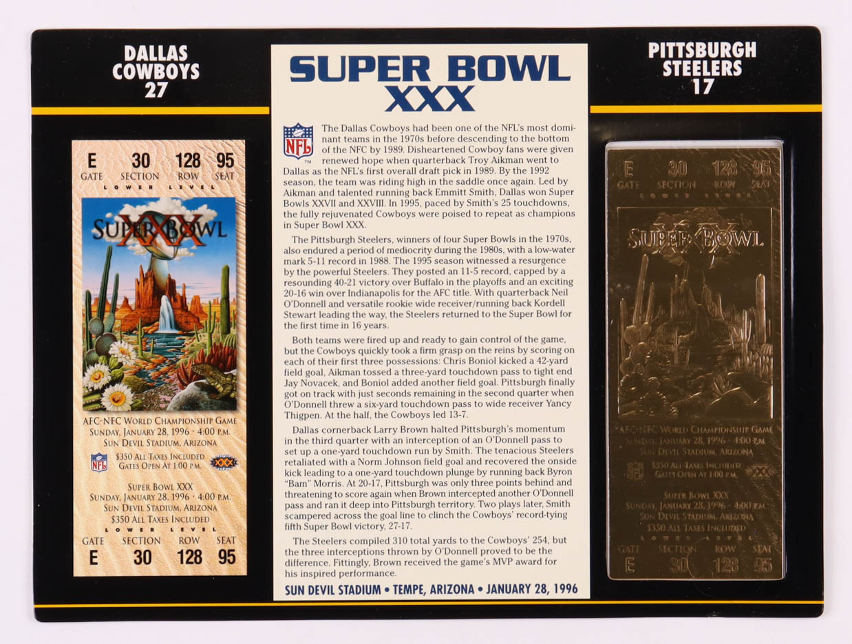 1996 Commemorative Super Bowl XXX Card with Ticket: Cowboys vs Steelers at PristineAuction.com 1996 Commemorative Super Bowl XXX Card with Ticket: Cowboys vs Steelers at PristineAuction.com