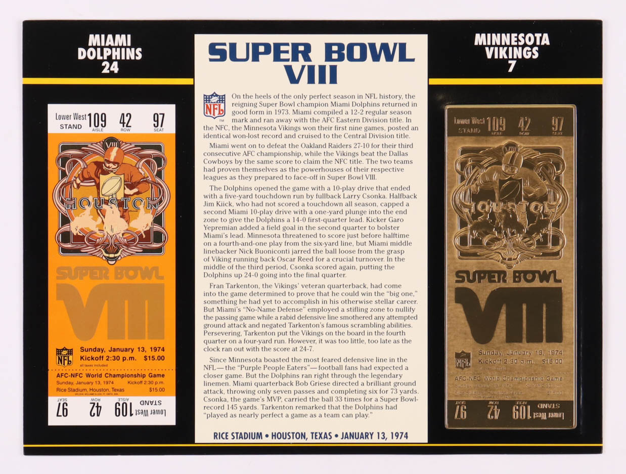 1974 Commemorative Super Bowl VIII Card with Ticket: Dolphins vs Vikings at PristineAuction.com 1974 Commemorative Super Bowl VIII Card with Ticket: Dolphins vs Vikings at PristineAuction.com