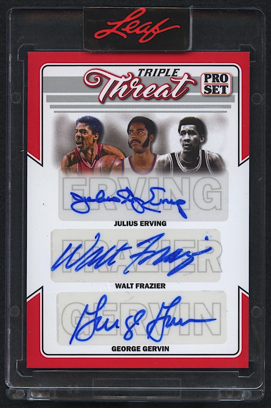 Julius Erving / Walt Frazier / George Gervin 2022 Leaf Pro Set 'Triple Threat' #TT-02 Triple Autograph at PristineAuction.com Julius Erving / Walt Frazier / George Gervin 2022 Leaf Pro Set 'Triple Threat' #TT-02 Triple Autograph at PristineAuction.com