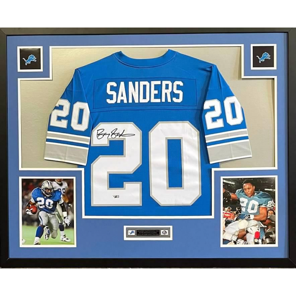 Barry Sanders Signed Lions Custom Framed Jersey Display (Fanatics