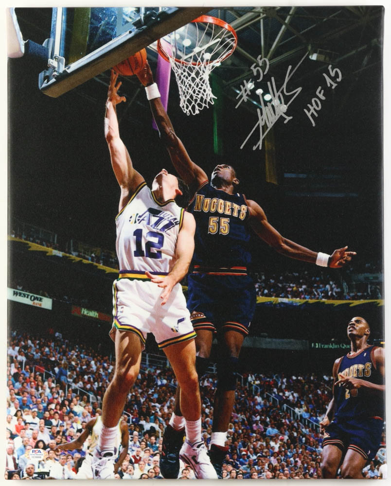 Dikembe Mutombo Signed Nuggets 16x20 Canvas Photo Inscribed "HOF 15" (PSA) at PristineAuction.com Dikembe Mutombo Signed Nuggets 16x20 Canvas Photo Inscribed "HOF 15" (PSA) at PristineAuction.com