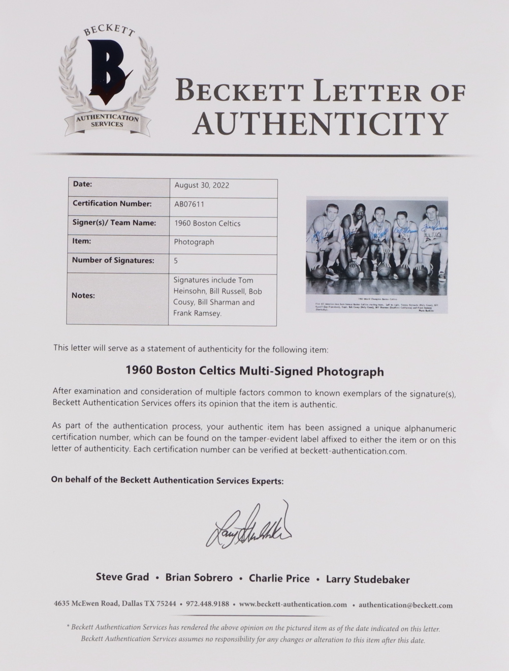 1960 World Champion Celtics 8x10 Photo Signed by (5) with Bill Russell, Bob Cousy, Bill Sharman, Frank Ramsey & Tom Heinsohn (Beckett) at PristineAuction.com 1960 World Champion Celtics 8x10 Photo Signed by (5) with Bill Russell, Bob Cousy, Bill Sharman, Frank Ramsey & Tom Heinsohn (Beckett) at PristineAuction.com