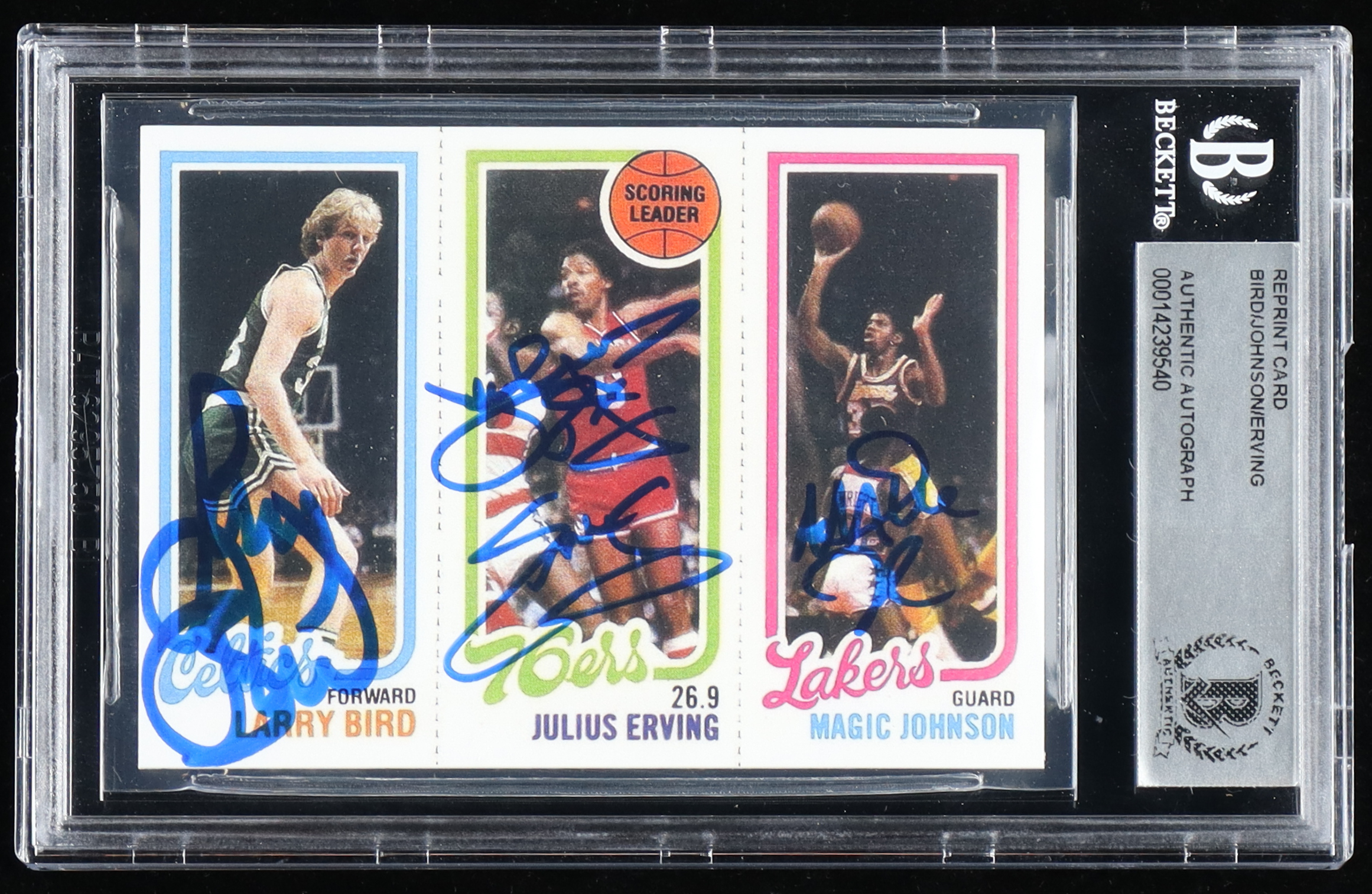 Larry Bird, Julius Erving & Magic Johnson Signed Larry Bird 34 RC / Julius Erving TL 174 / Magic Johnson 139 RC 1980-81 Topps #6 Reprint Card (BGS) at PristineAuction.com Larry Bird, Julius Erving & Magic Johnson Signed Larry Bird 34 RC / Julius Erving TL 174 / Magic Johnson 139 RC 1980-81 Topps #6 Reprint Card (BGS) at PristineAuction.com