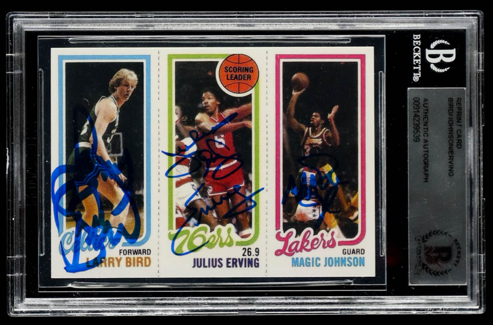 Larry Bird, Julius Erving & Magic Johnson Signed Larry Bird 34 RC / Julius Erving TL 174 / Magic Johnson 139 RC 1980-81 Topps #6 Reprint Card (BGS) at PristineAuction.com Larry Bird, Julius Erving & Magic Johnson Signed Larry Bird 34 RC / Julius Erving TL 174 / Magic Johnson 139 RC 1980-81 Topps #6 Reprint Card (BGS) at PristineAuction.com