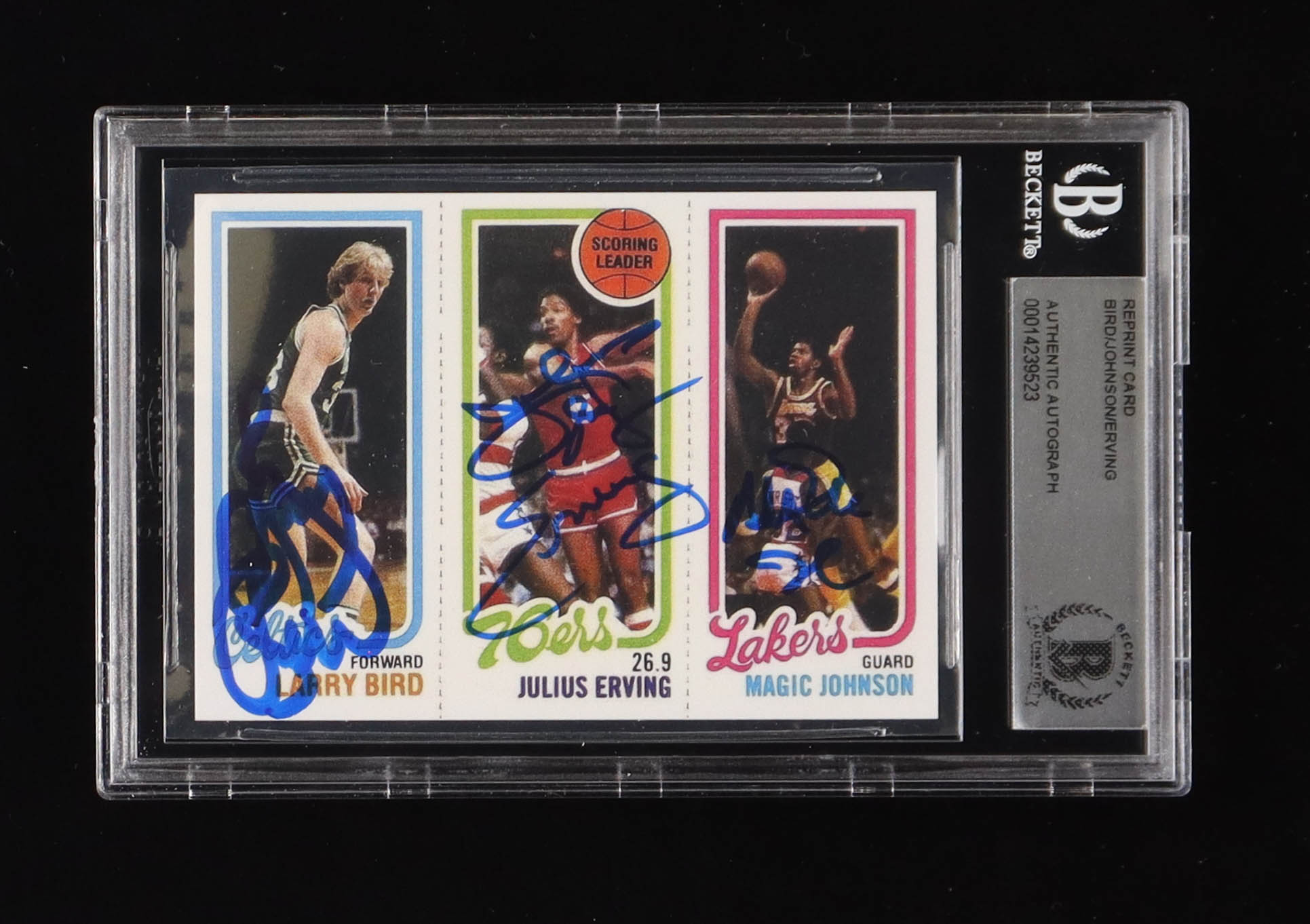 Larry Bird, Julius Erving & Magic Johnson Signed Larry Bird 34 RC / Julius Erving TL 174 / Magic Johnson 139 RC 1980-81 Topps #6 Reprint Card (BGS) at PristineAuction.com Larry Bird, Julius Erving & Magic Johnson Signed Larry Bird 34 RC / Julius Erving TL 174 / Magic Johnson 139 RC 1980-81 Topps #6 Reprint Card (BGS) at PristineAuction.com