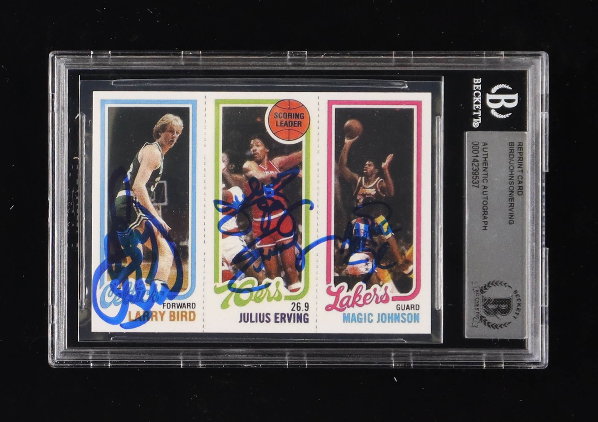 Larry Bird, Julius Erving & Magic Johnson Signed Larry Bird 34 RC / Julius Erving TL 174 / Magic Johnson 139 RC 1980-81 Topps #6 Reprint Card (BGS) at PristineAuction.com Larry Bird, Julius Erving & Magic Johnson Signed Larry Bird 34 RC / Julius Erving TL 174 / Magic Johnson 139 RC 1980-81 Topps #6 Reprint Card (BGS) at PristineAuction.com