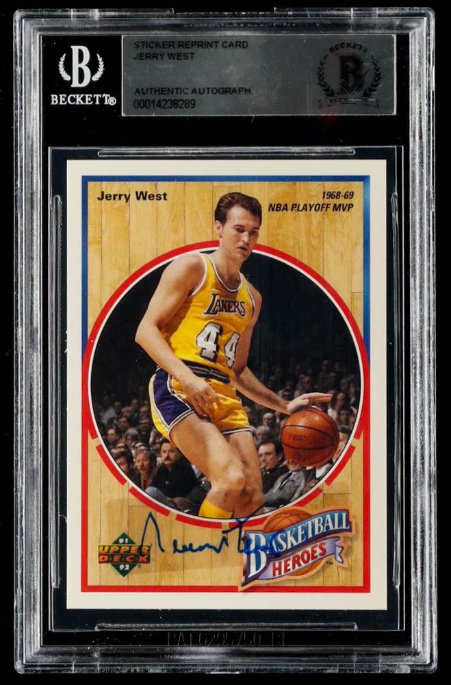 Jerry West Signed Sticker on 1991-92 Upper Deck Jerry West Heroes #3 1968-69 NBA Playoff MVP (BGS) at PristineAuction.com Jerry West Signed Sticker on 1991-92 Upper Deck Jerry West Heroes #3 1968-69 NBA Playoff MVP (BGS) at PristineAuction.com