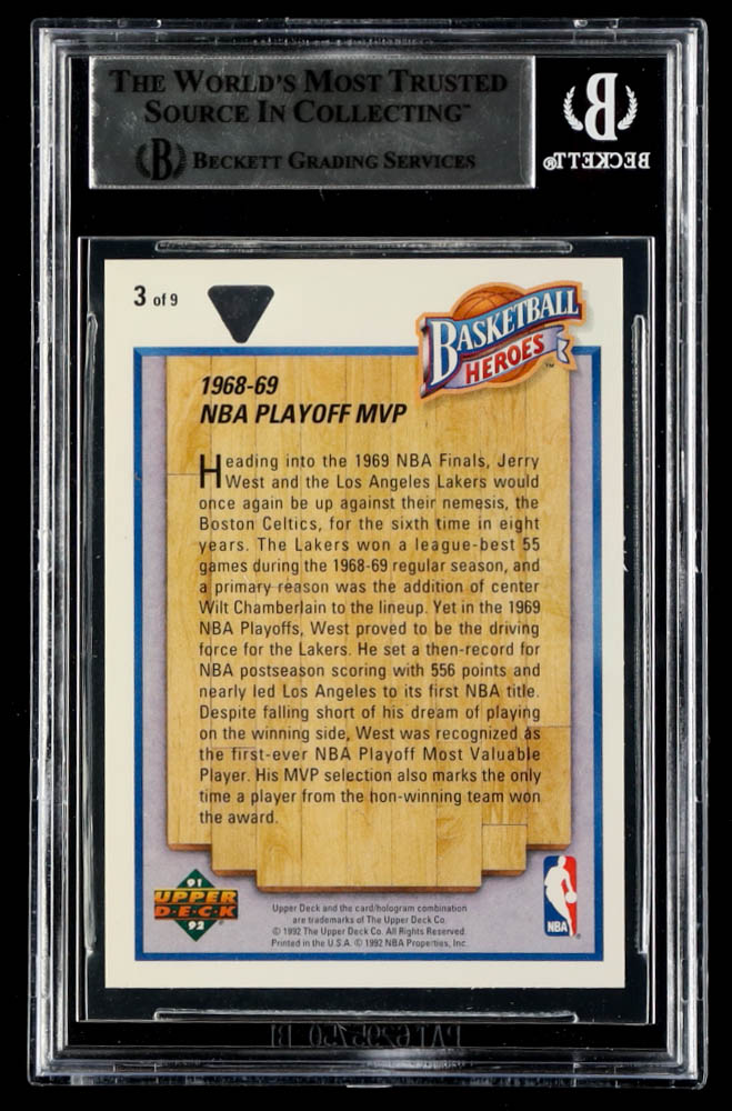 Jerry West Signed Sticker on 1991-92 Upper Deck Jerry West Heroes #3 1968-69 NBA Playoff MVP (BGS) at PristineAuction.com Jerry West Signed Sticker on 1991-92 Upper Deck Jerry West Heroes #3 1968-69 NBA Playoff MVP (BGS) at PristineAuction.com