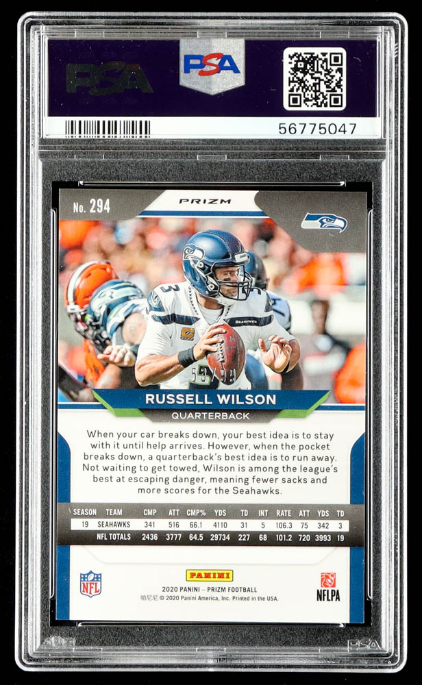 Russell Wilson 2020 Panini Prizm Prizms Blue Ice #294 #53/99 (PSA 9) at PristineAuction.com Russell Wilson 2020 Panini Prizm Prizms Blue Ice #294 #53/99 (PSA 9) at PristineAuction.com
