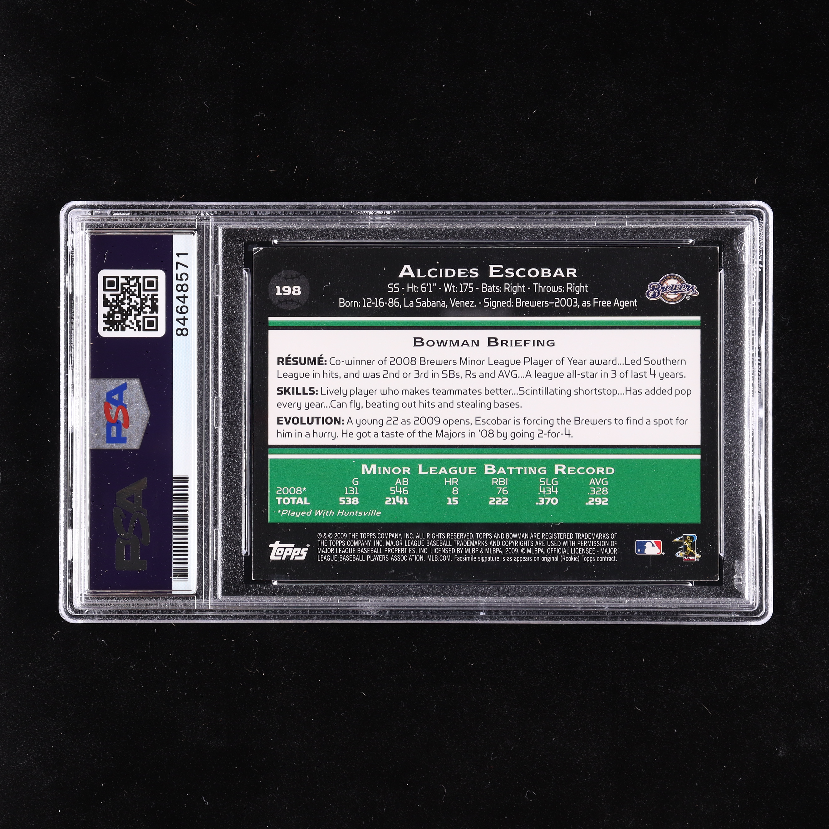 Alcides Escobar Signed 2009 Bowman Gold #198 RC (PSA) at PristineAuction.com Alcides Escobar Signed 2009 Bowman Gold #198 RC (PSA) at PristineAuction.com