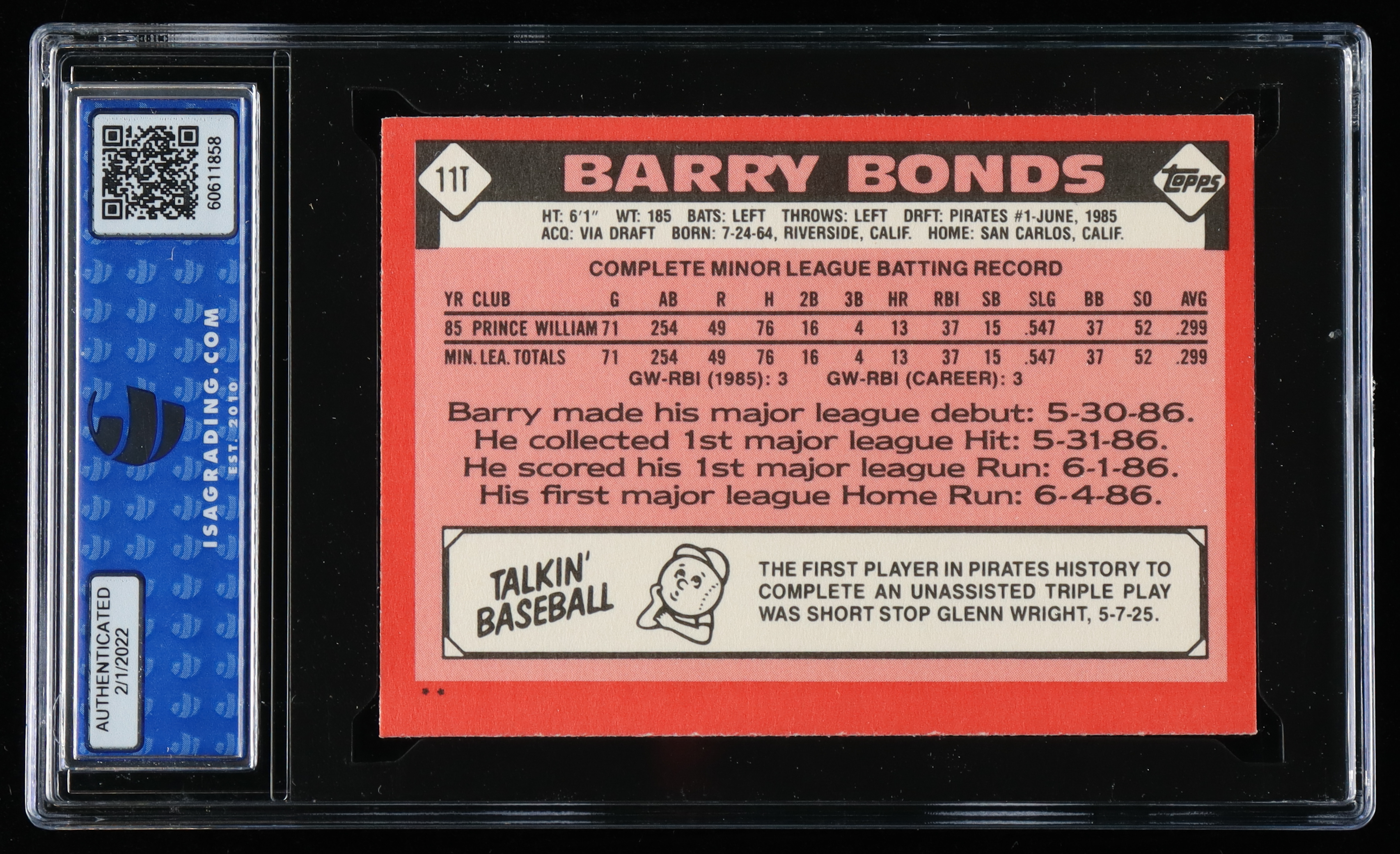 Barry Bonds 1986 Topps Traded #11T XRC (ISA 10) at PristineAuction.com Barry Bonds 1986 Topps Traded #11T XRC (ISA 10) at PristineAuction.com