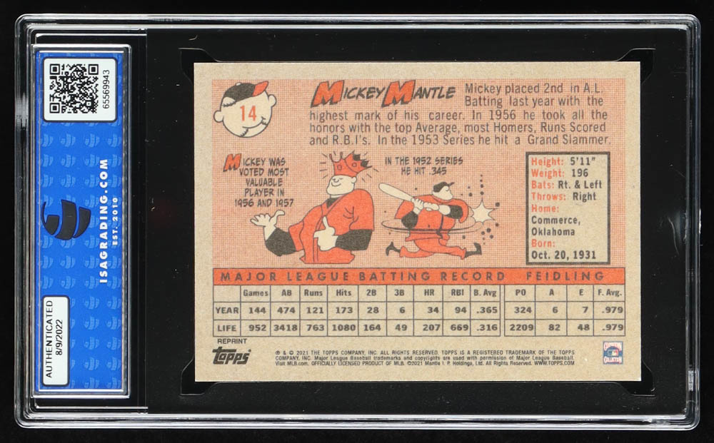 Mickey Mantle 2021 Topps X Mickey Mantle #14 1958 Topps (ISA 10) at PristineAuction.com Mickey Mantle 2021 Topps X Mickey Mantle #14 1958 Topps (ISA 10) at PristineAuction.com
