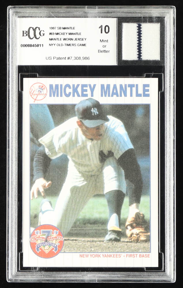 Mickey Mantle 1997 Scoreboard Mantle #69 1969 Trading Card With Mantle Worn Shirt Piece (BCCG 10) at PristineAuction.com Mickey Mantle 1997 Scoreboard Mantle #69 1969 Trading Card With Mantle Worn Shirt Piece (BCCG 10) at PristineAuction.com