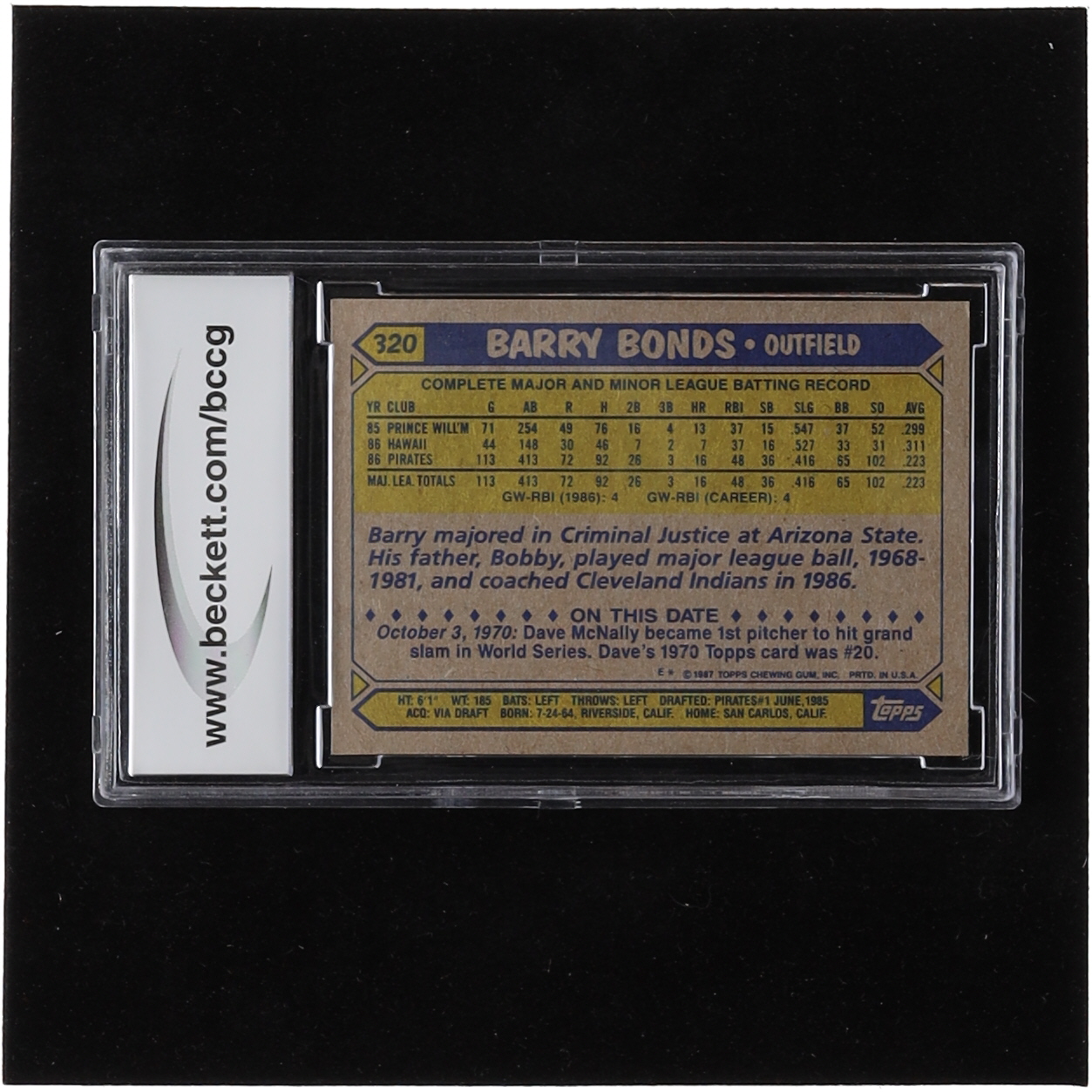 Barry Bonds 1987 Topps #320 RC (BCCG 10) at PristineAuction.com Barry Bonds 1987 Topps #320 RC (BCCG 10) at PristineAuction.com