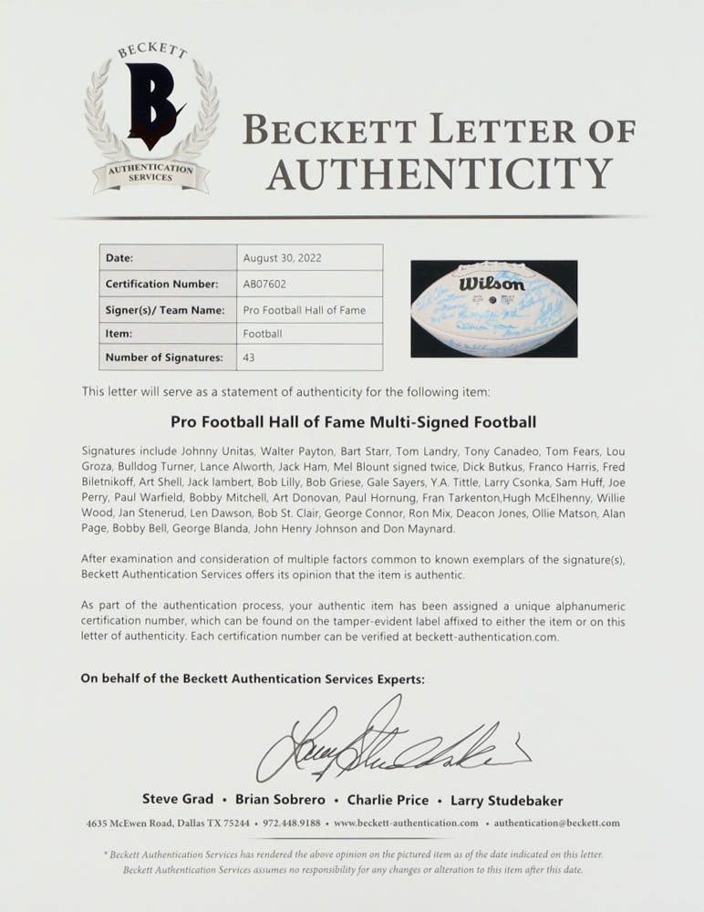 NFL White Panel Football Signed by (43) with Johnny Unitas, Walter Payton, Bart Starr, Tom Landry (JSA) at PristineAuction.com NFL White Panel Football Signed by (43) with Johnny Unitas, Walter Payton, Bart Starr, Tom Landry (JSA) at PristineAuction.com