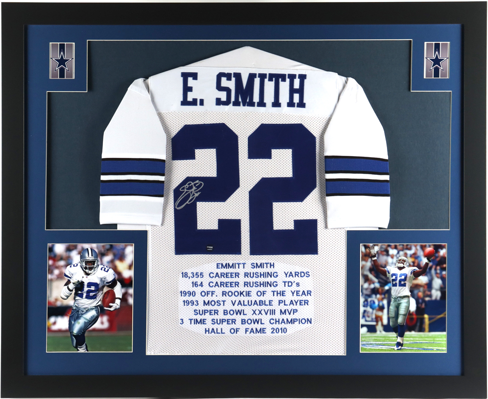 Emmitt Smith Signed Custom Framed Career Highlight Stat Jersey Display (Prova) at PristineAuction.com Emmitt Smith Signed Custom Framed Career Highlight Stat Jersey Display (Prova) at PristineAuction.com