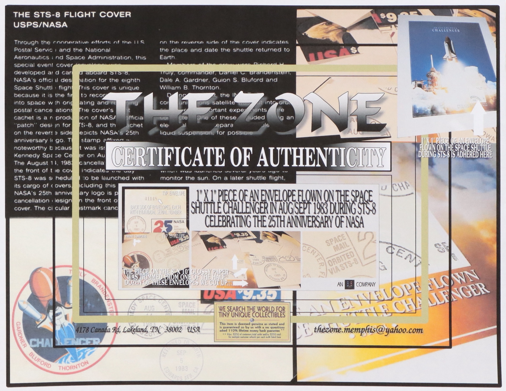 Authentic Piece Of An Envelope Flown On The Space Shuttle Challenger on 6x8 Photo (The Zone) at PristineAuction.com Authentic Piece Of An Envelope Flown On The Space Shuttle Challenger on 6x8 Photo (The Zone) at PristineAuction.com