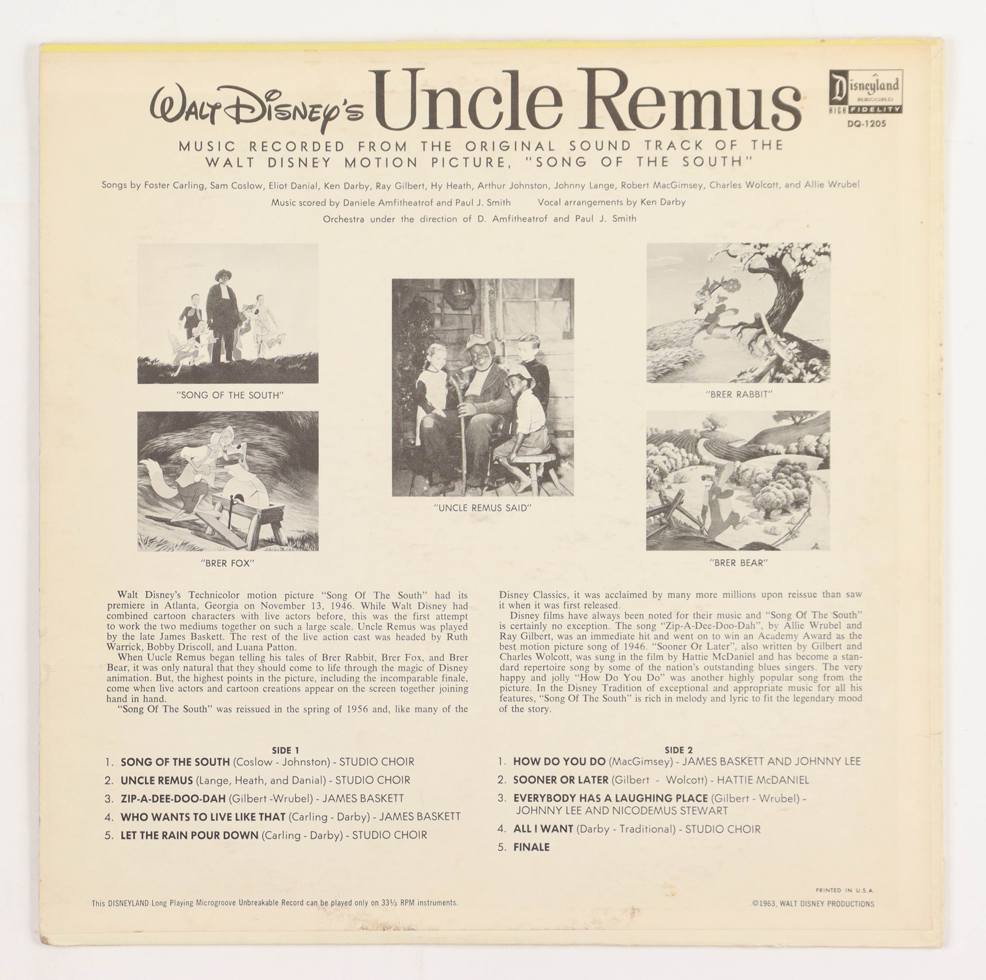 Original Walt Disney Songs & Stories of Uncle Remus 1959 Vinyl Record at PristineAuction.com Original Walt Disney Songs & Stories of Uncle Remus 1959 Vinyl Record at PristineAuction.com