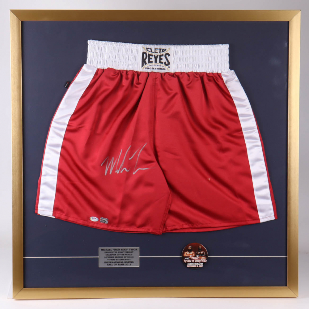 Mike Tyson Signed 32.5x32.5 Custom Framed Boxing Shorts Display with MGM Fight Pin (PSA & Tyson 