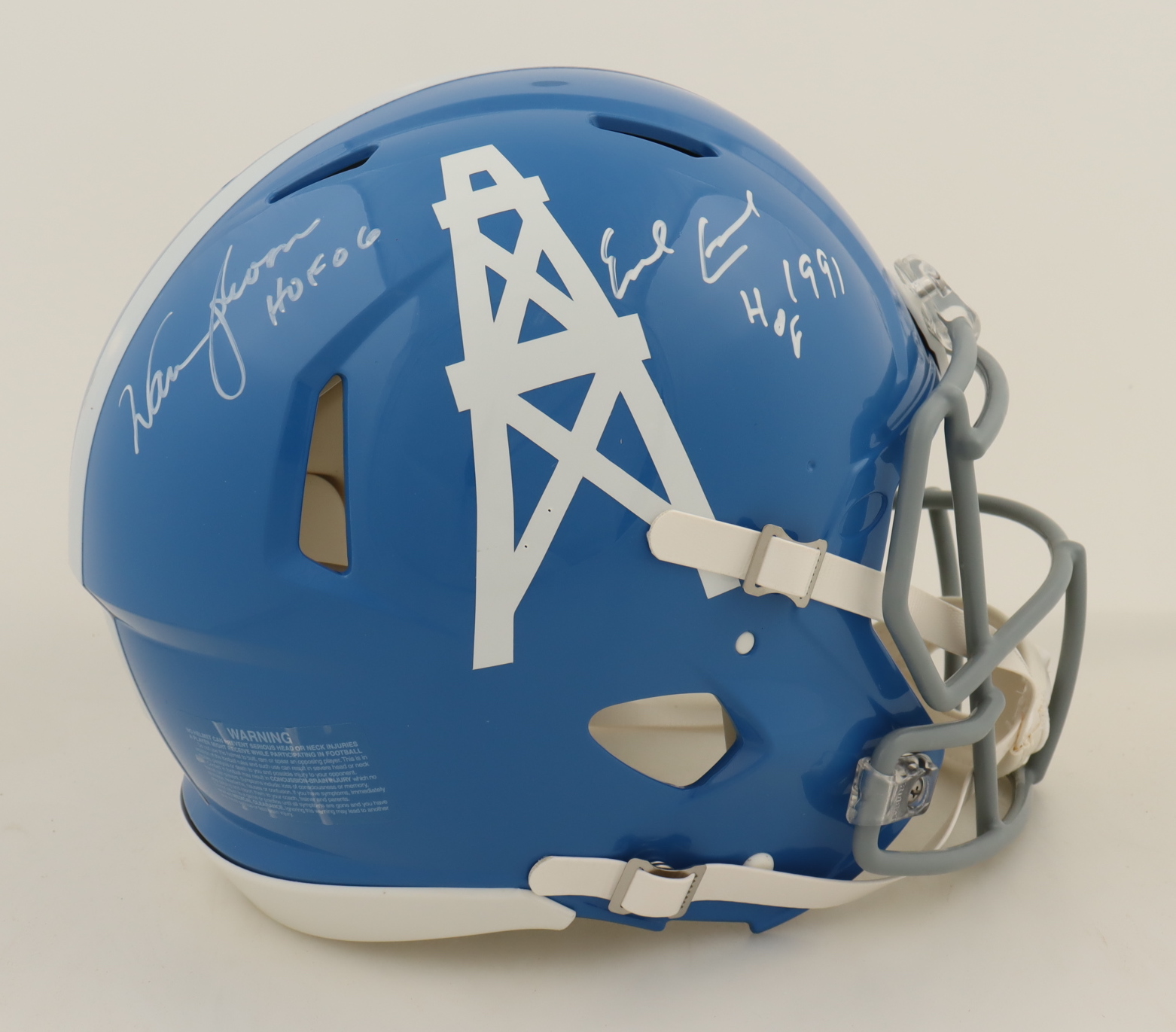 Earl Campbell & Warren Moon Signed Oilers Full-Size Authentic On-Field Speed Helmet Inscribed "HOF 1991" & "HOF 06" (Beckett) at PristineAuction.com Earl Campbell & Warren Moon Signed Oilers Full-Size Authentic On-Field Speed Helmet Inscribed "HOF 1991" & "HOF 06" (Beckett) at PristineAuction.com