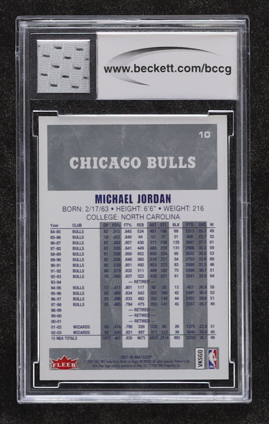 Michael Jordan 2007 Fleer Michael Jordan #10 With Game Used Jersey Piece (BCCG 10) at PristineAuction.com Michael Jordan 2007 Fleer Michael Jordan #10 With Game Used Jersey Piece (BCCG 10) at PristineAuction.com
