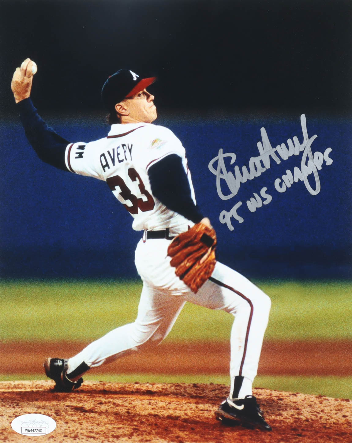 Steve Avery Signed 8x10 Braves Photo Inscribed "95 WS Champs" (JSA) at PristineAuction.com Steve Avery Signed 8x10 Braves Photo Inscribed "95 WS Champs" (JSA) at PristineAuction.com