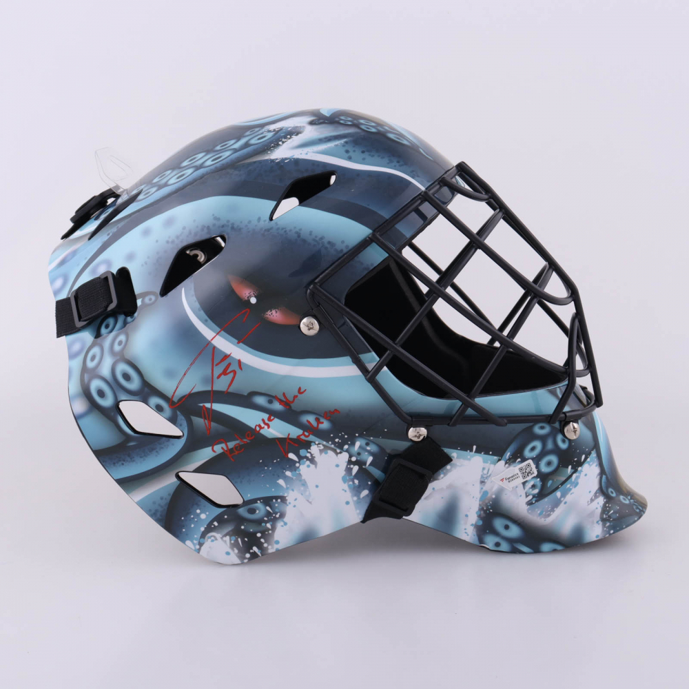 Philipp Grubauer Signed Kraken FullSize Goalie Mask Inscribed "Release the Kraken" (Fanatics