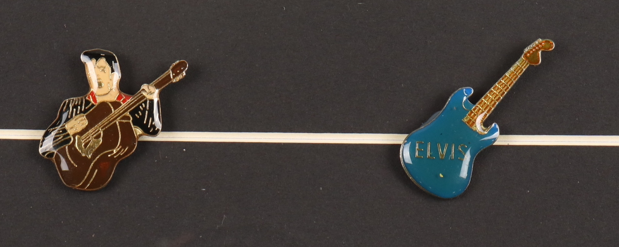 Elvis Presley "Love Me Tender" Custom Framed Movie Poster Photo with (2) Vintage Elvis Pins at PristineAuction.com Elvis Presley "Love Me Tender" Custom Framed Movie Poster Photo with (2) Vintage Elvis Pins at PristineAuction.com