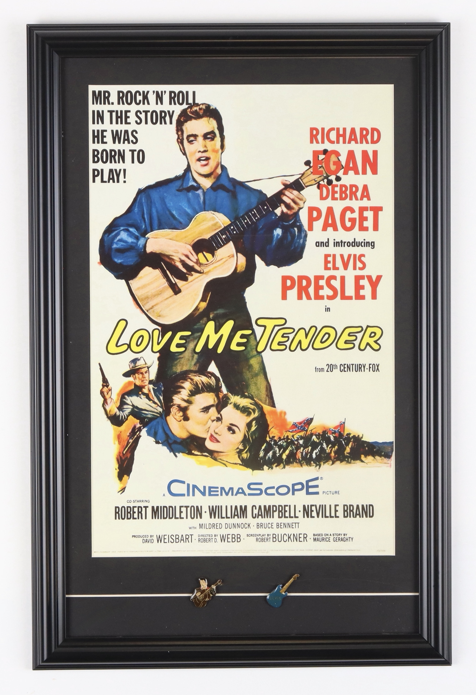 Elvis Presley "Love Me Tender" Custom Framed Movie Poster Photo with (2) Vintage Elvis Pins at PristineAuction.com Elvis Presley "Love Me Tender" Custom Framed Movie Poster Photo with (2) Vintage Elvis Pins at PristineAuction.com