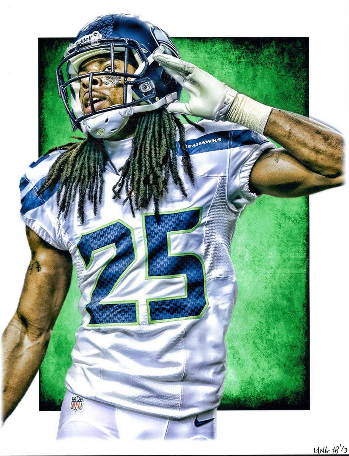 Richard Sherman Seahawks Limited Edition 11" x 14" Signed Art Print by Jeff Lang (Artist Proof #2/3) at PristineAuction.com Richard Sherman Seahawks Limited Edition 11" x 14" Signed Art Print by Jeff Lang (Artist Proof #2/3) at PristineAuction.com